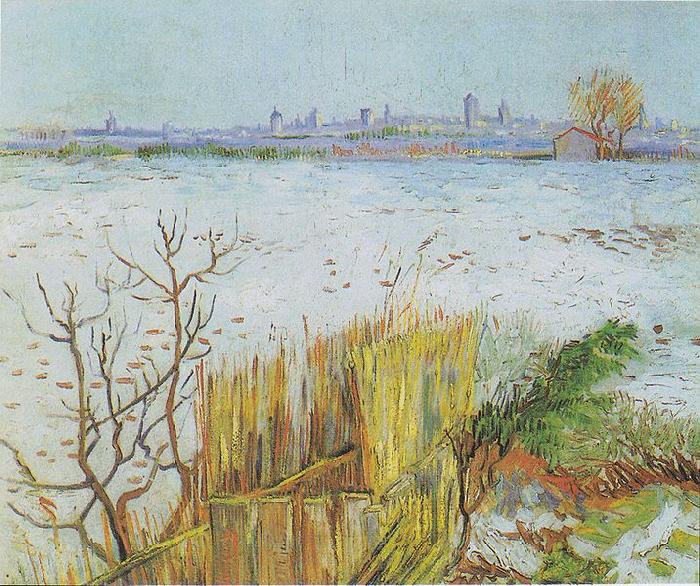 Vincent Van Gogh Landscape in the snow with Arles in the Background oil painting image